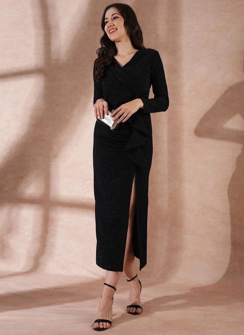 جلو باص فستان ماكسي نسائي بياقة على شكل حرف  وكشكشة